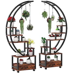 2 stuks 6-laags hoge metalen plantenstandaard voor binnen met afneembare wielen, halve maanvormige plantenplankhouder voor buitenopruiming, multifunctionele plantenstandaards voor huisdecoratie,