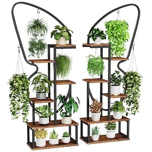 6-laags plantenstandaard voor binnen vlindervormige, hoge metalen plantenstandaard met 6 plantenhaken en 12 planken, grote ladderplantenplank met verstelbare poten voor woonkamer, balkon, tuin,