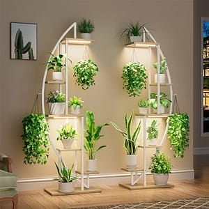 BACEKOLL 63 inch metalen plantenstandaard binnen met kweeklampen - 6 gelaagde hoge plank voor meerdere planten, halve maan rek display, houder voor woonkamer, terras - wit