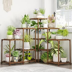 Bamworld Plantenstandaard binnen buiten hoek plantenplank 5-laags 11 ingemaakte bloemenplanken houten plantenstandaards tuin houten plantenhouder rek voor woonkamer hoek gazon raam