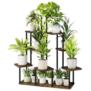 Bamworld Plantenstandaard, met 9 niveaus, voor binnen en buiten, van hout, hoog metalen plantenrek, voor meerdere planten, bloemenstandaard, voor terras, tuin, balkon, woon- of slaapkamer, bruin