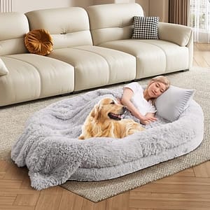 COSTWAY Hondenbed voor mensen en honden, enorm menselijk hondenbed met kussen, deken, riem, wollig, wasbaar, afneembare overtrek, huisdierbed voor grote honden en volwassenen, 171 x 115 cm, ovaal