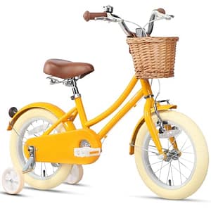 Glerc Kinderfiets, 12 inch kinderfiets voor meisjes van 3 t/m 5 jaar oud, retro vintage stijl, met mand, zijwielen en bel, geel