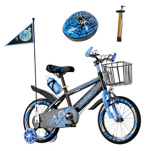 Habib Gruppe Kinderfiets, jongensfiets, 16 inch vanaf 3 jaar, met led-steunwielen, mand, bel, gratis helm en pomp, voorwielrem (blauw)