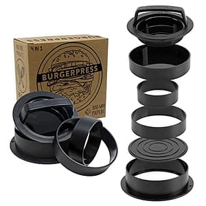 Hamburgerpers + 100 Vellen Verdeelpapier | 4 Pattymaten | Stuffed Patties en XXL | Burger Patty Press voor Beste Hamburgers | Hamburger Patty Maker met Recepten | Burgerpers