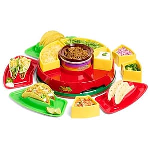 Nostalgia TTLSTB10 Verwarmde Lazy Susan Topping Bar Perfect voor Burrito's, Nacho's, Fajitas, 20 oz Warming Pot, Inclusief 4 Tortilla Houders, Plastic, Rood