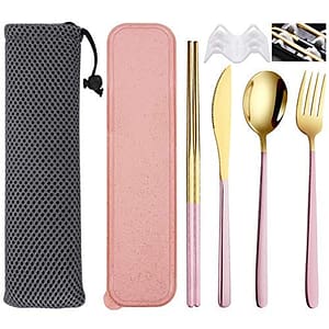 SITAKE 4 Delige Bestekset, Roestvrijstalen Bestekset, Herbruikbaar Lunchgereedschap voor op Reis met Opbergdoos en Tas, Mes, Vork, Lepel, Eetstokjes, set voor Kantoor, School, Reizen, Kamperen (Roze-Goud)