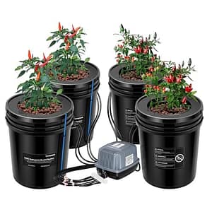 VIVOSUN DWC Hydrocultuur kweeksysteem, 5 gallon diepe watercultuur, recirculerend druppeltuinsysteem met multifunctionele luchtslang, luchtpomp en luchtsteen (4 emmer + reservoirkit)