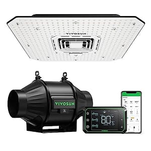 VIVOSUN Slim kweeksysteem met AeroLight A100SE 100W LED-groeilicht met circulatieventilator, AeroZesh T4 4 inch 210 CFM inline kanaalventilator en GrowHub E42A temperatuur en vochtigheid