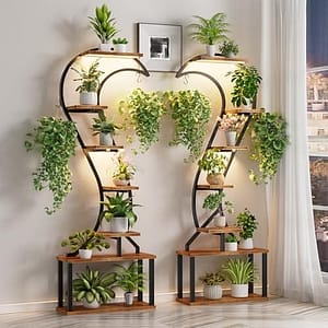 WIWIDRM Plantenstandaard binnen met groeilicht, 68 inch hoge plantenstandaard voor kamerplanten, meervoudig, 7 gelaagde metalen plantenplank, zwaanvormige plantenhouder voor thuis, terras, balkon, 2